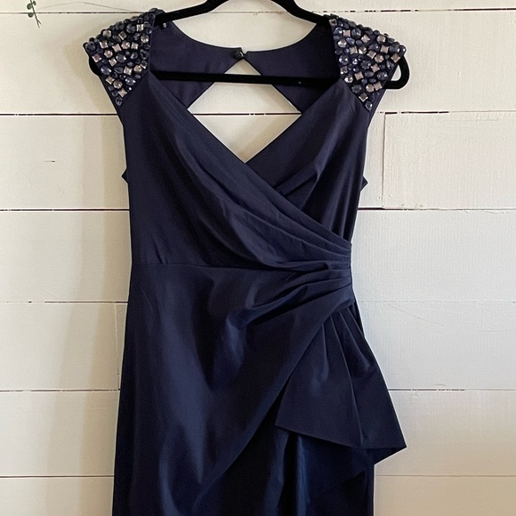 Maggie London Navy Cocktail Dress w/Jeweled Detailing on Cap Sleeves, Size 4 - Picture 3 of 10